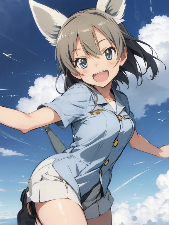 {(masterpiece,best quality, 8K UHD, extremely detailed CG, detailed beautiful face and eyes and skin and hair)}, {(ultra realistic photo graphic style:1.4)}, {(1girl free_fall from Altitude 10000m:1.2), (out of focus background:1.4)}, {1girl, 18yo, beasts_ears, beasta_tail}, (strike witches:1.2)}, {(cheerful:1.4), (candid shot)