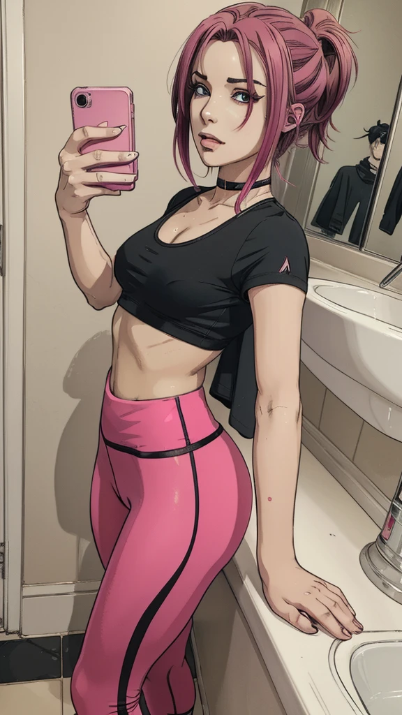 vector image:1.2, 2d cartoon,masterpiece, An anime woman, blush,colored hair, bold makeup, wetlook sporty leggings, sporty top, horny pose:1.1, gloomy orgasm, horny, sneakers, takes selfie, in restroom