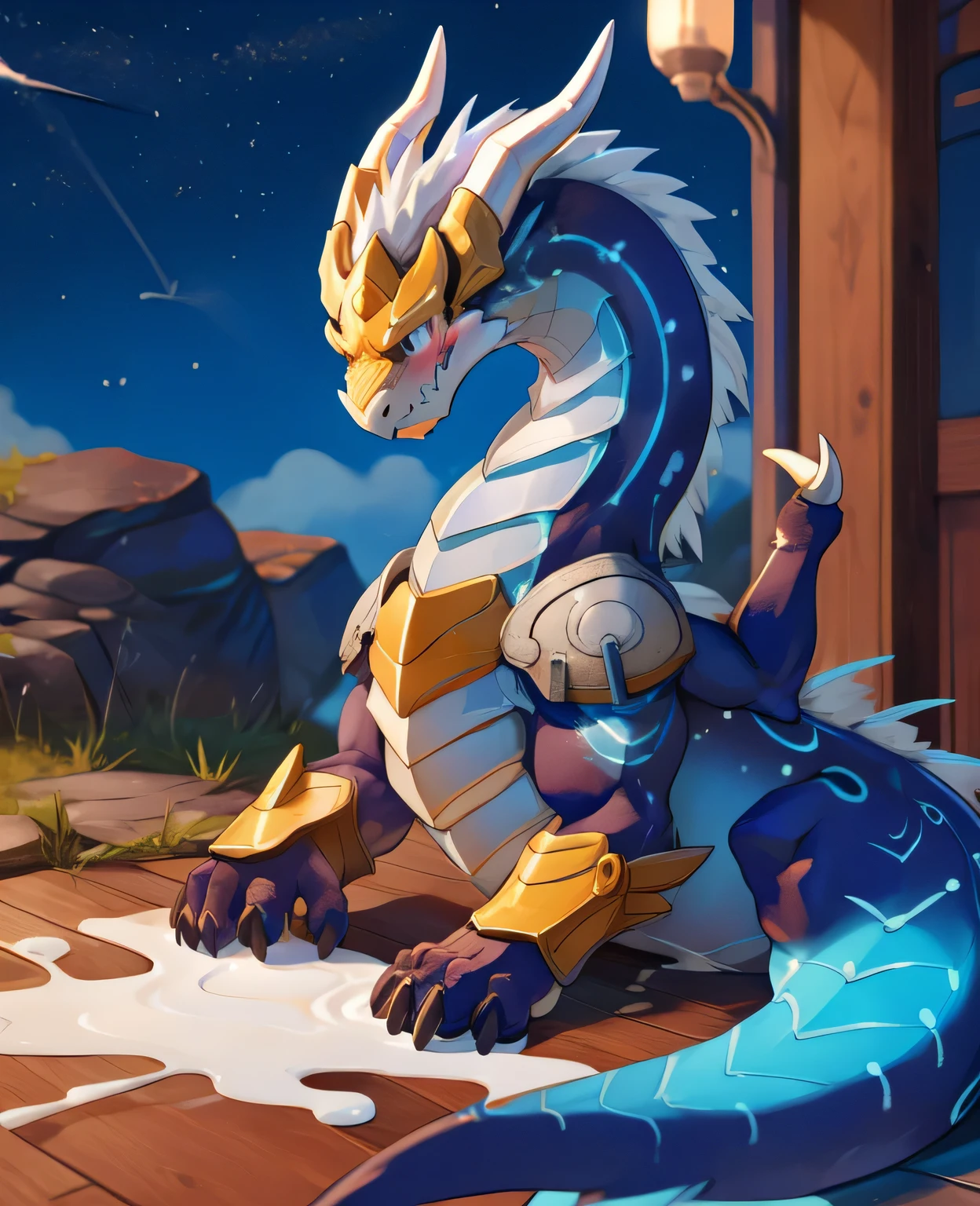 sky_go,Tail,armor,luminescent,dragon,blush,Wear,Milk spilled all over the floor,Splashed on