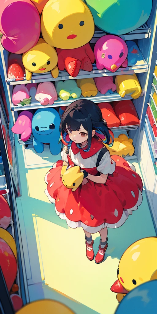 (masterpiece, best quality), (rich and colorful:1.4), from above, Solitary, 1 girl standing in the store，Shelves filled with strawberry plush toys，There&#39;s another bag of stuff., Depth of Field, Fisheye lens, White dress with strawberry print , Strawberry earrings, Red hair, Red Display