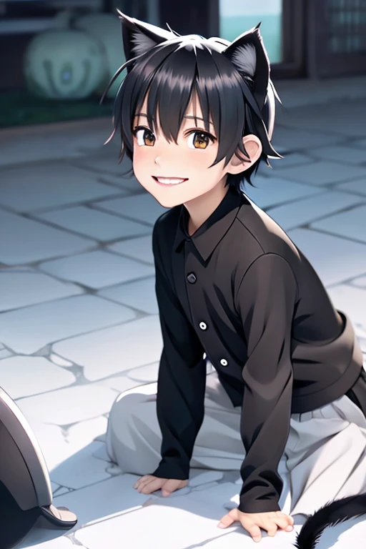 Anime Art Beautiful boy Black cat ears 10th Generation Black and grey outfit Japanese smile