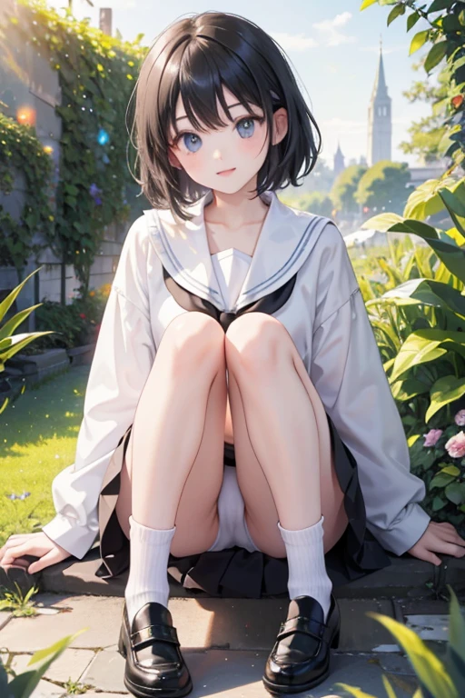(8k, highest quality, Tabletop:1.2)、Ultra-high resolution、One -yeld gi Detailed face、black eye, Black Hair, short hair, White socks, Black Loafers, Black Sailor Suit, White panties, garden, Sitting on the grass