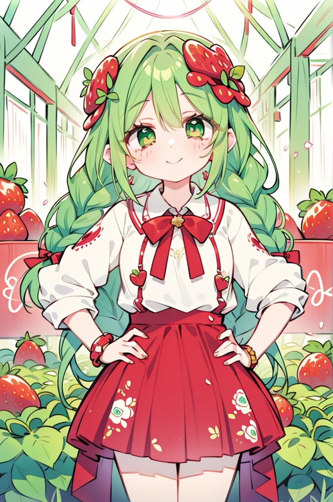 1 Girl, Wear (Rose Print) skirt, in a ((Strawberry farm)), Happy Smile, A mythical world with giant fruits  🍓, Foamy teal light pastel hue🎨, Hands on hips, Full of energy, fashion skirt, fruit, Long braids, Foam green hair