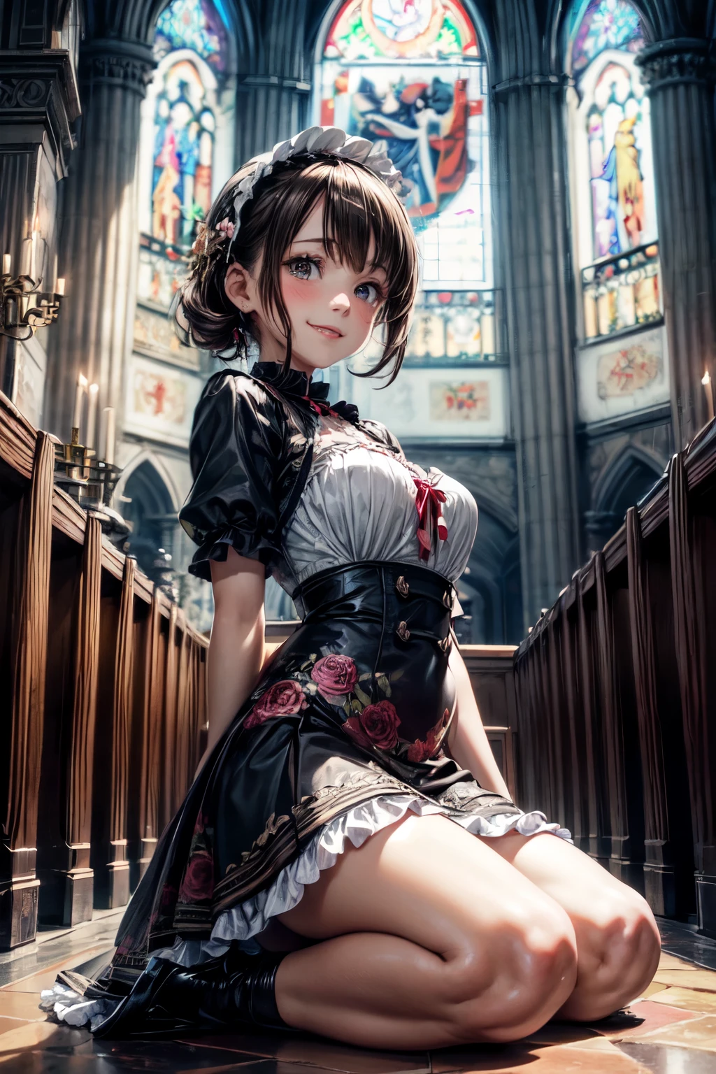 very cute and beautiful girl,(highly detailed beautiful face), (smile:1.15),blush,black hair,cowboy shot,looking at viewer,kneeling, (elegant brown plaid ta dress with detailed frills),detailed lace,skirt lift,(white panties), altar,church,indoors, (best quality,masterpiece:1.0),absurdres,highres,ultra-detailed,extremely detailed,32k,8k resolution, intricate details,cinematic scene,detailed background,solo,dynamic angle,