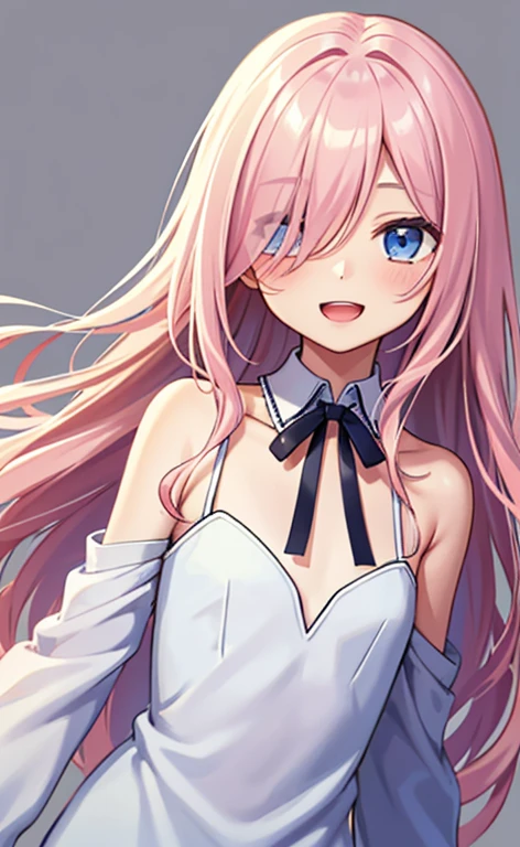 (masterpiece:1.4、top-quality、illustration:,realistic、)、(character focus、,upper body:1.3)、(1girl),(Open mouth happy smile:1.3),(),cute face,blue eyes、(tareme:1.3)、
,(stand:1.4),(pink blonde hair),
,(slender),(loose dress:1.3),
(hair over one eye:1.3),(volumey,sidelocks,wavy hair:1.3), (flat chest:1.3)、
、slender、