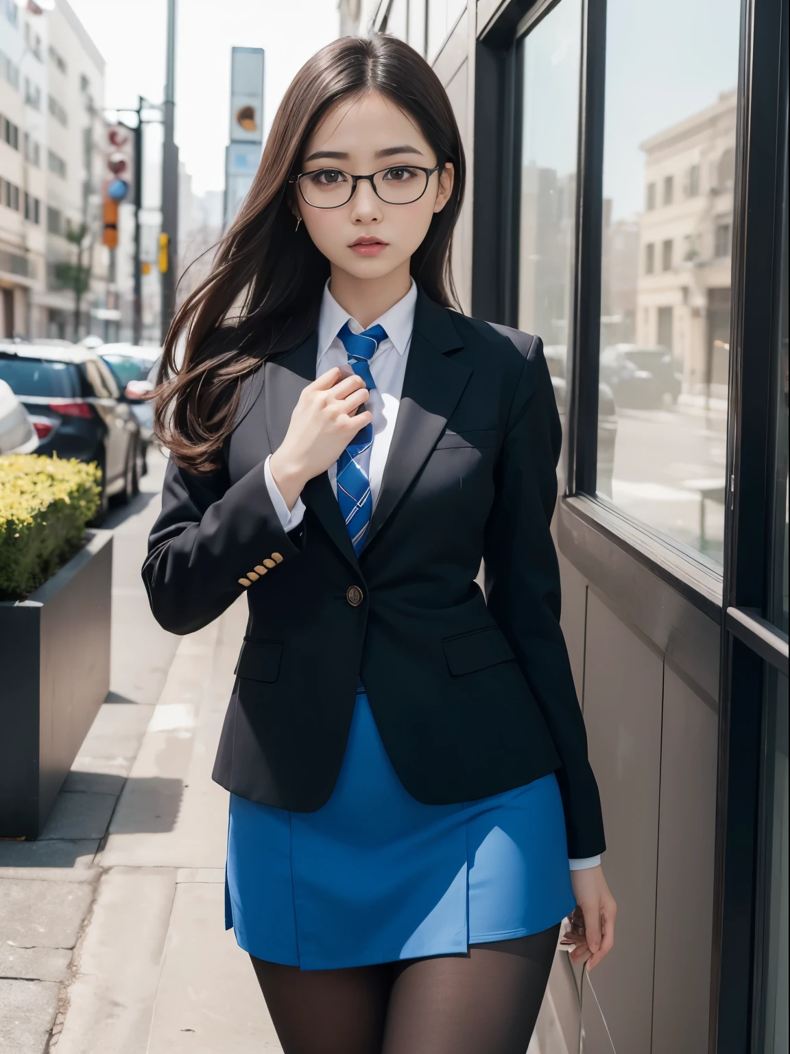 alone、solo、OL in her 20s in office uniform posing for a photo、(Black Pantyhose)、(Half Up),victory、Tsundere、Single knot、OL、suit、blue mini skirt、anger、small、Glasses、slim girl model photo、physical:the smallest middle-aged man in history、female model、Japanese female fashion model、(8k、RAW photo、highest quality、masterpiece:1.2)、(real、photorealistic:1.37)、Super detailed、Ultra high definition、office Street、 standing position、whole body、((((SEXY)))