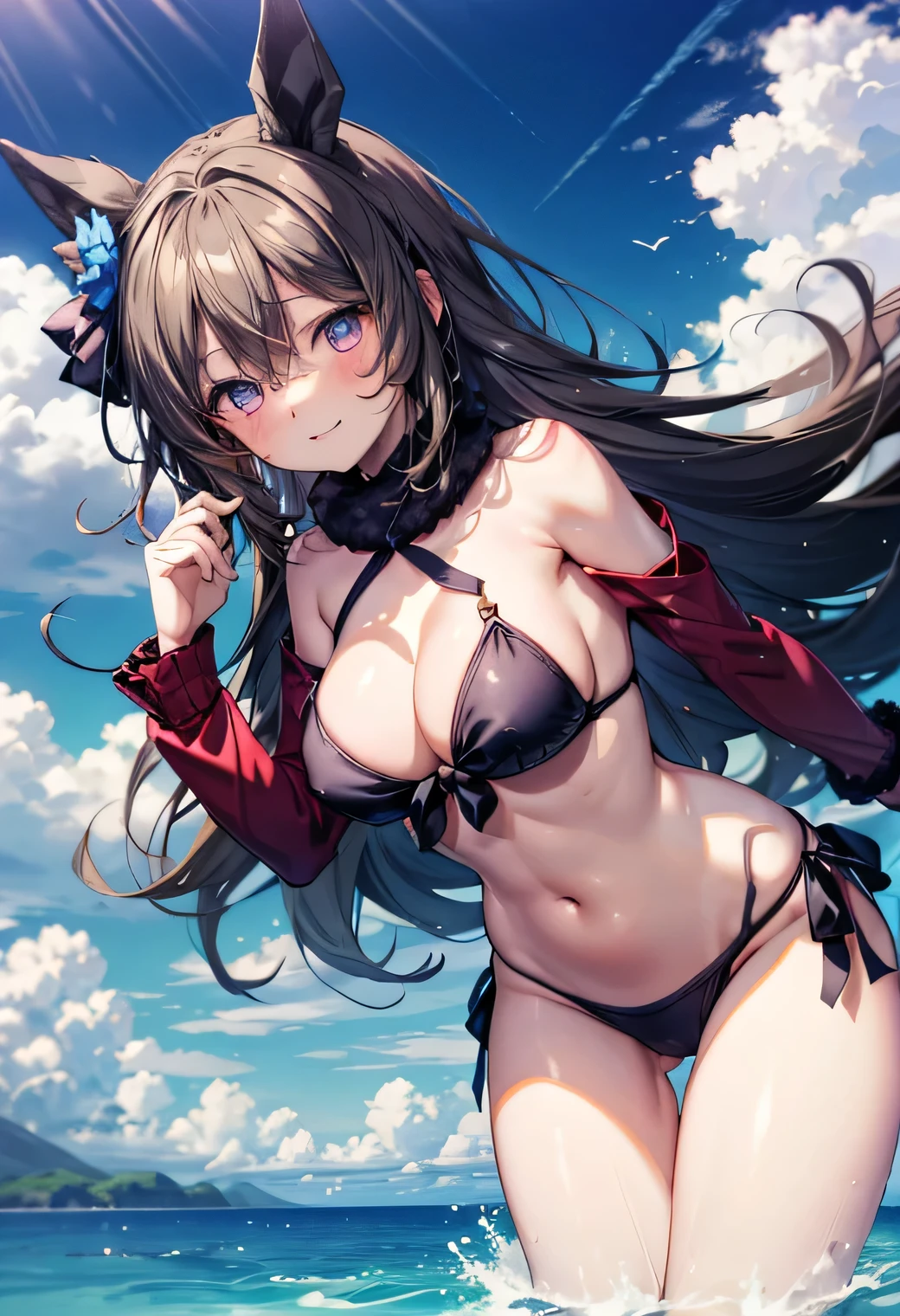 Anime illustration、highest quality、Sandy Beach、Image Video、Voluptuous gravure idol、Perfect proportions、bikini、Overwhelmingly large breasts、Very thick legs、Beautiful, shining eyes、Blushing、smile、Cowboy Shot