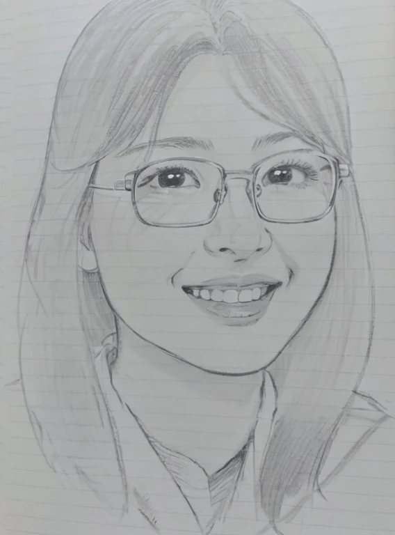 Japanese women, Age 25。Wearing glasses、Long Hair、Xu々To、smile、カラー写真風To表現してください