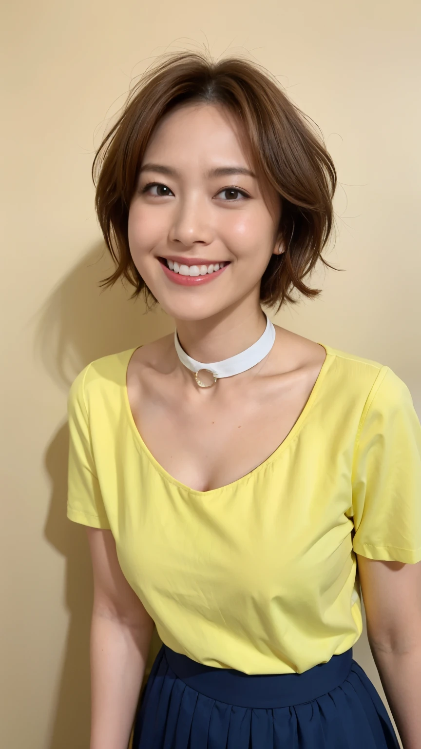 8k, super detail, best quality, textured skin, anatomically correct, masterpiece , top quality, cinematic lighting, Use perspective throughout , surrealism , ,(photorealistic:1. 3),(RAW photo) , black hair, light smile, short hair, bob cut, anaglyph, stereogram, (MILF:1), (38 years old), ((Close:0.5)), glare, double eyelids, lip gloss, (smile:1), ((eyes closed:0.85)), red mouth, collar bone, ((looking at viewer)), (short auburn hair wet and shiny), (full body in view) , Slightly thicker body shape , wide-eyed eyes , perfectly round eyes , fine texture ,(Inside GUCCI:1.6)、(Wearing a formal yellow dress:1.5)、(Clothes with frilly collars:1.5)、(Knee-length skirt:1.5)、(smile:1.3)、(Watching the audience:1.2)、(Full body photo:1.5)