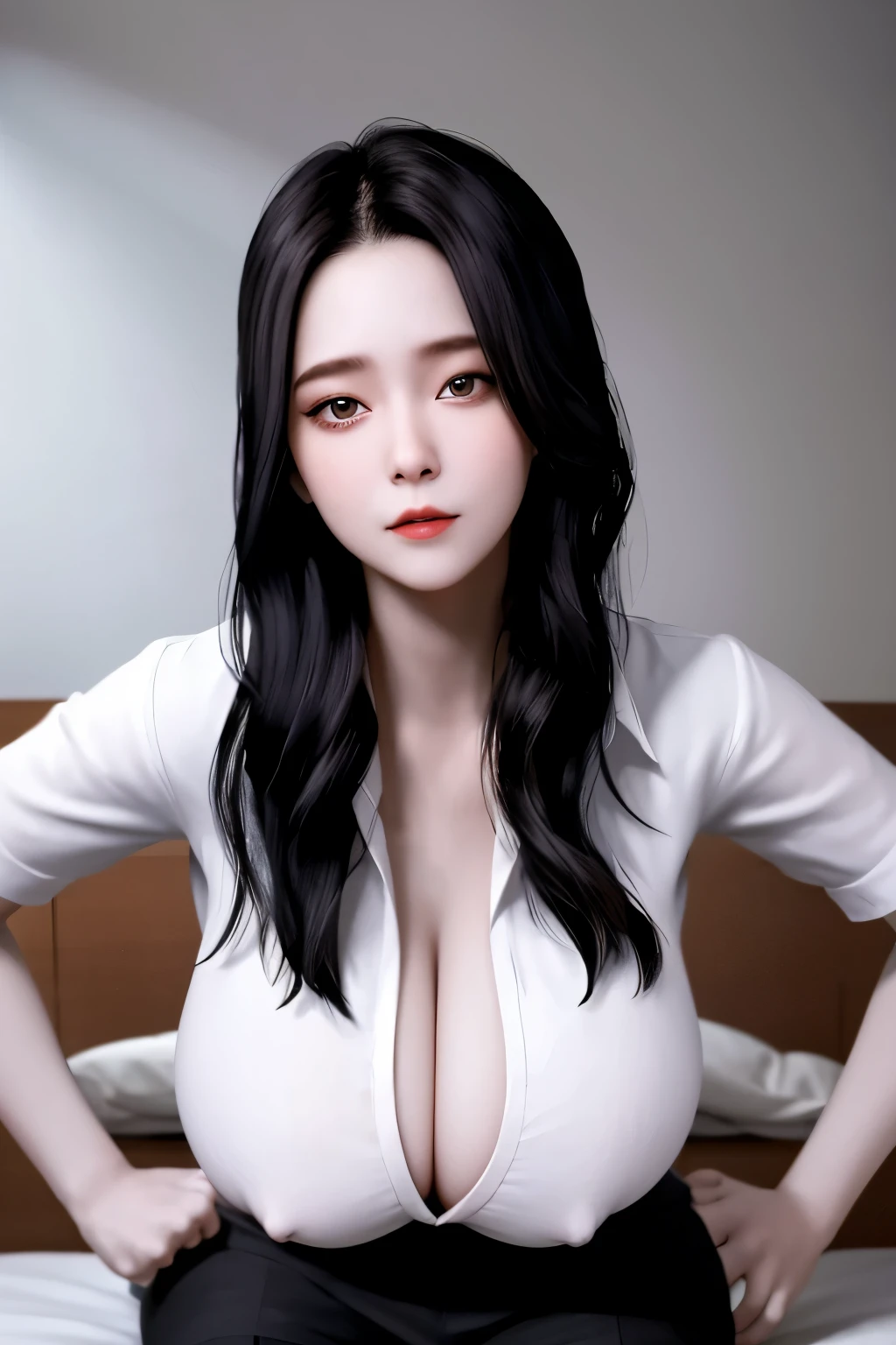 Best quality, tmasterpiece,vchan_mother,1gir,solo,black_hair,white shirt,huge breasts,huge ,in bed,POV