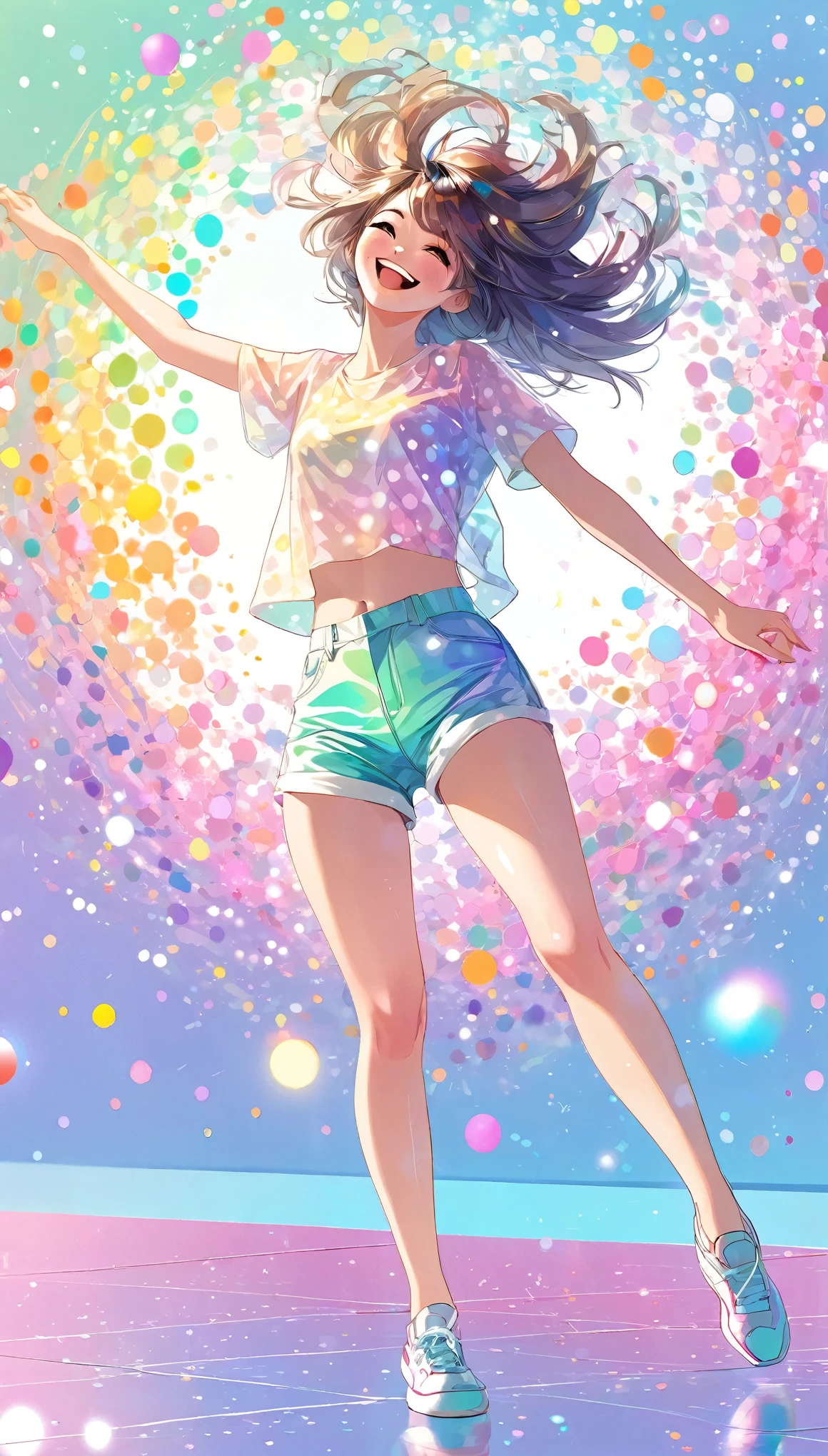 best quality, super fine, 16k, incredibly absurdres, extremely detailed, delicate and dynamic, cute woman, messy hair, bright smile, happily doing dance exercises, wearing crop shirt and shorts, superlative body proportion, prism effect, mirror effect, background pastel dot colors, sparkling image style