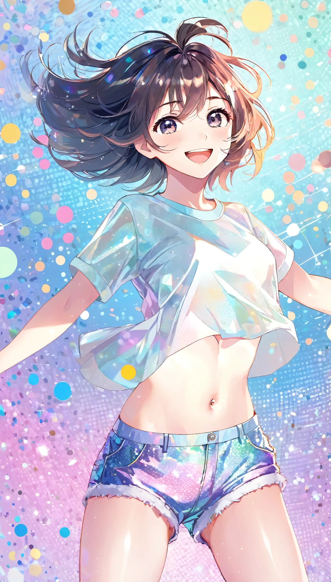 best quality, super fine, 16k, incredibly absurdres, extremely detailed, delicate and dynamic, cute woman, messy hair, smile, happily doing dance exercises, wearing crop shirt and shorts, superlative body proportion, abs, prism effect, mirror effect, background pastel dot colors, sparkling image style