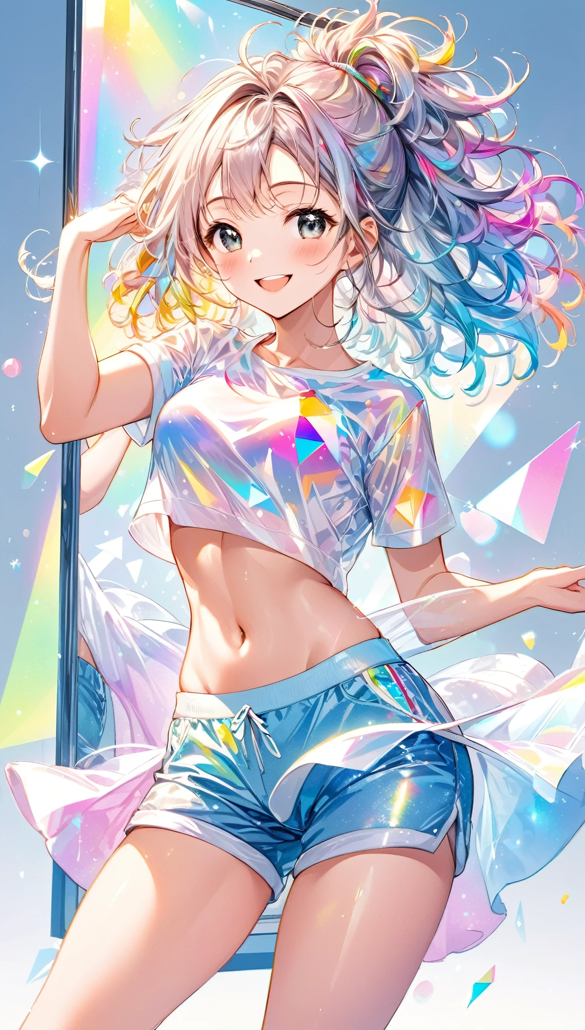 best quality, super fine, 16k, incredibly absurdres, extremely detailed, delicate and dynamic, cute woman, messy hair, smile, happily doing dance exercises, wearing crop shirt and shorts, superlative body proportion, abs, prism effect, mirror effect, background pastel dot colors, sparkling image style