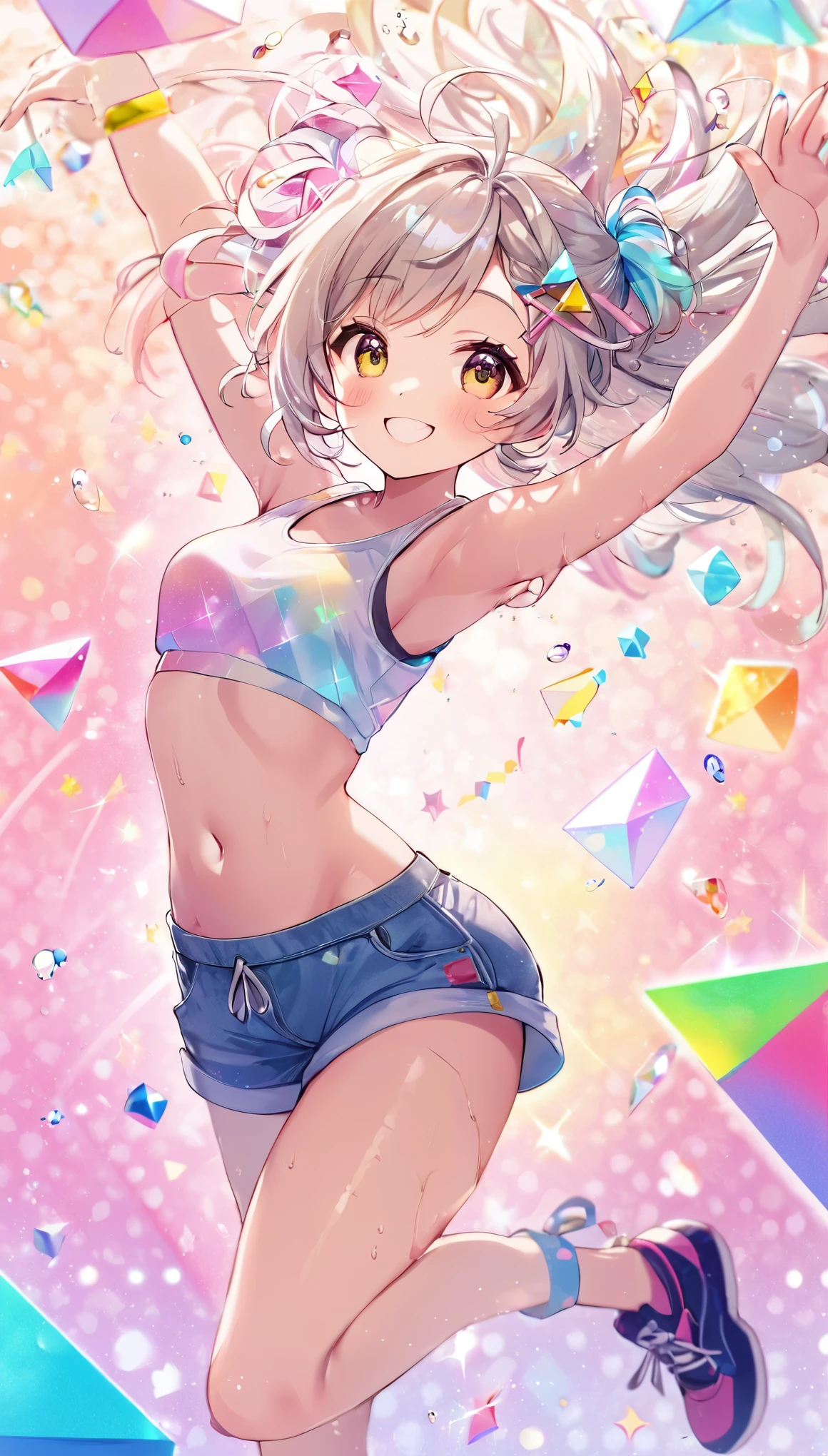 best quality, super fine, 16k, incredibly absurdres, extremely detailed, delicate and dynamic, cute woman, messy hair, smile, happily doing dance exercises, wearing crop tank top and shorts, superlative body proportion, abs, prism effect, mirror effect, background pastel dot colors, sparkling image style