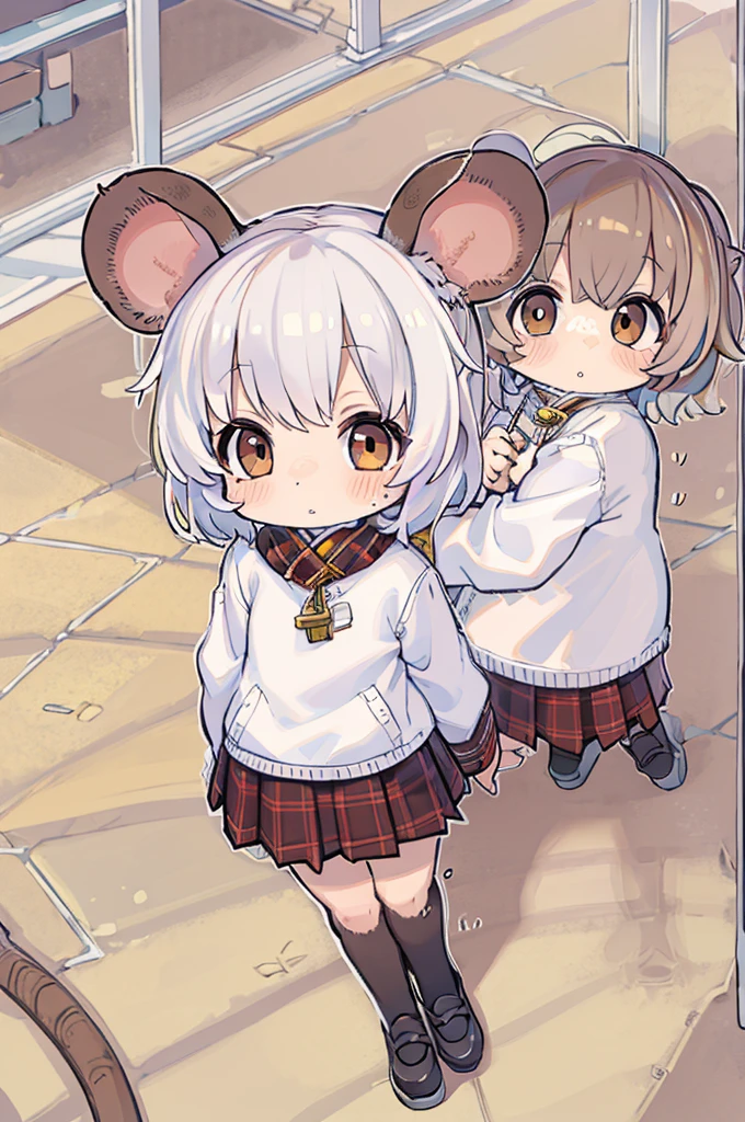 twin, Mouse Girl, Fluffy short white hair, Round mouse ears, White sweater, Holding Hands, ((Dark brown eyes)), A couple, fair, Glossy lips, Delicate eyes,Red Cliff