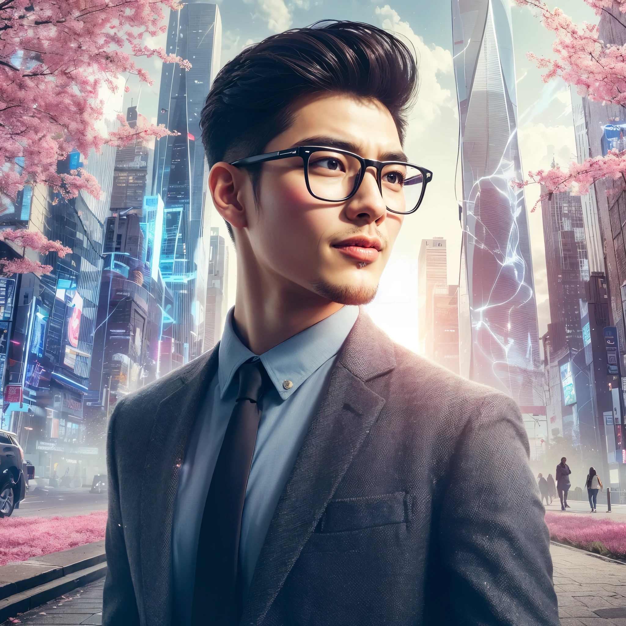 Professional photography masterpiece with 1 fullbody model: a confident, charming malay man in modern suit casual trendy attire, 20 years old, brown skin, short black taper fade hair trendy, wearing trendy eyeglasses, with a subtle smile, looking happy, posing like as walking on a street city cyberpunk, against a breathtaking cherry blossom falling, building backdrop with added robotic around, resembling a Sony 7000D photo, in ultra realistic high definition with dramatic lighting and added power color effects, during sunset with warm tones, rainy weather, and reflections on the pavement.