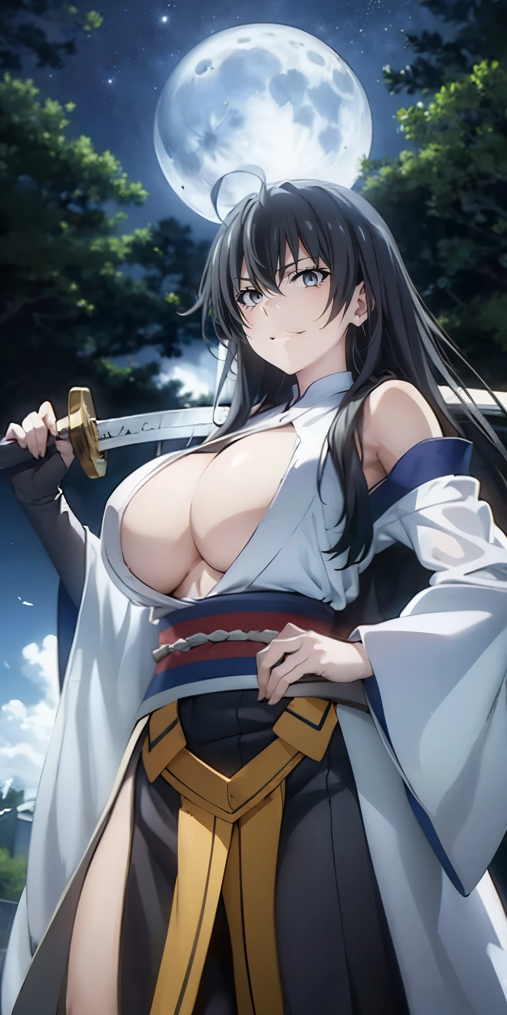 (black hair, long hair:1.3), yukinoshita yukino, curvy, ((anatomically correct:1.3)), heavy breathing, huge breasts, epic art, fantasy, breast press, night, sword, weapon, 1girl, katana, night_sky, solo, japanese_clothes, sky, breasts, large_breasts, cleavage, wide_sleeves, sheath, earrings, star_(sky), over_shoulder, looking_at_viewer, detached_sleeves, moonlight, outdoors , (shaded face:1.2), hollow eyes, grey eyes, looking at viewer, (heavy breathing:1.2), smirk, upper teeth, glaring eyes, simple background,