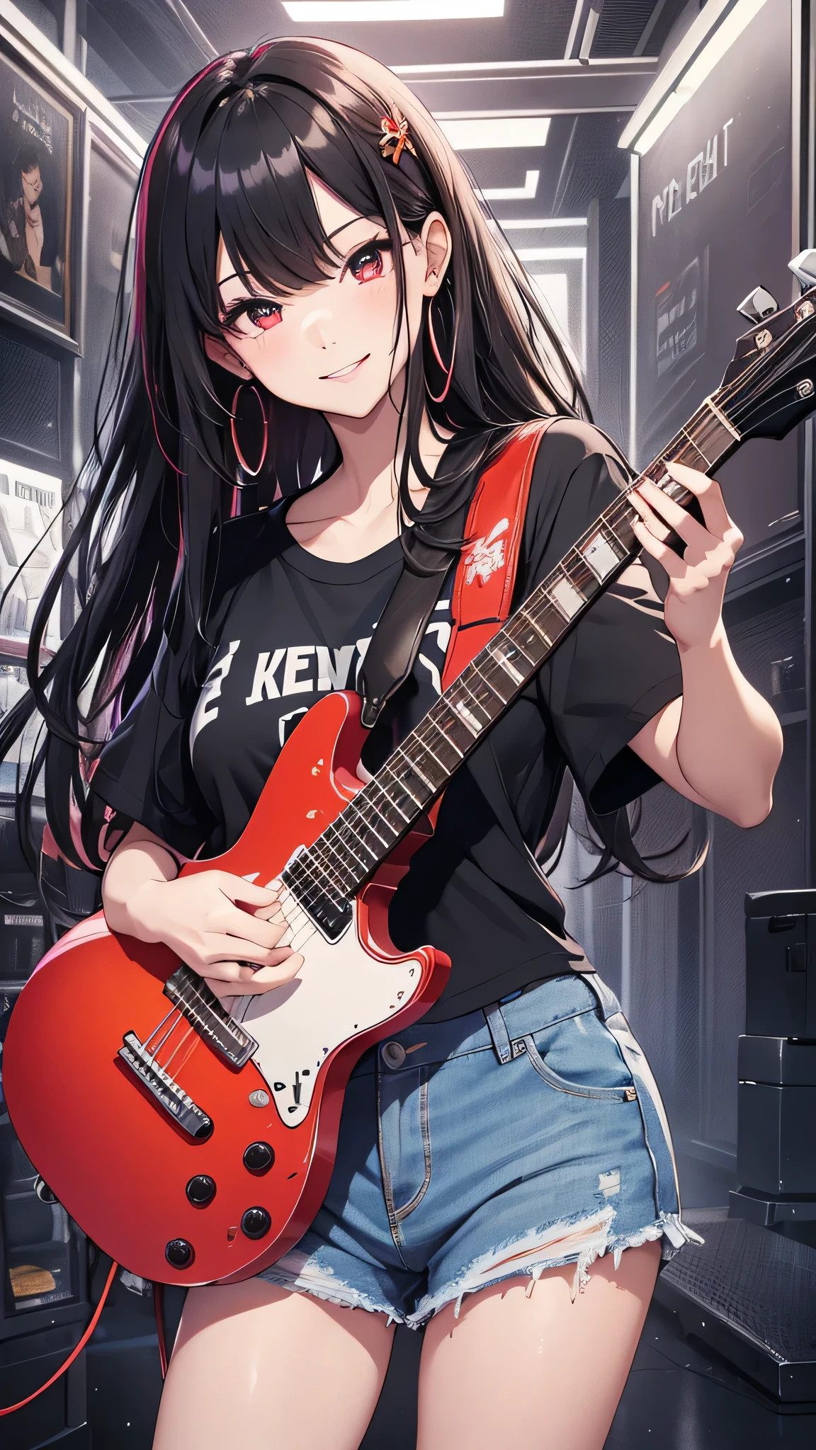 最high quality、Best image quality、masterpiece、girl((18-year-old、 By becoming、Best Bust、Medium Bust,Wide open breast tea、Red glowing eyes,Black Hair、Red Mesh、Disheveled Hair、Lointail、thin,The highest valley、Open chest、Luminous Wristbands、hair ornaments、Show the whole body,Black short sleeve T-shirt、Short denim trousers、Leaning forward、smile、Holding a guitar、Performance、sing)),high quality、Beautiful art、background((Large shopping malls,Street Museum))、Flight、Flying debris、Written boundary depth、movie、Visual Arts、Perfect art、8K,Genuine,