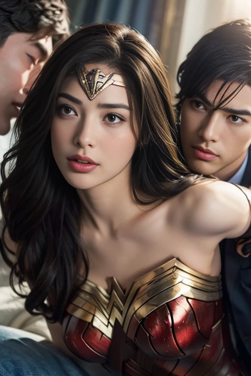 私はWonder Womanです、完璧なWonder Womanの衣装，On all fours,Hug from the front,お姫様Hugged,Hugged,Being strangled,You can hold it，Leaning on the man，Hugged，Can be lifted，Men lick my face with their tongues,The guys lick my head with their tongues,Men lick my hair with their tongues,My body is licked by men,sleeping face,Close ~ eyes,Open your mouth,Tired face,Face of Suffering,sleeping face,Being slapped in the face,Getting punched in the face,Fighting with men,Fight with the men,Surrounded by men,,Caught between the men,Being held back by men,Entanglement with males, Attacked by men,Brown Hair,  masterpiece、beautiful girl、fine 目、puffy eyes、highest quality, 超High resolution, (reality: 1.4), Cinema Lighting,so beautiful、Beautiful Skin、(超reality的な)、(High resolution)、(8k)、(Very detailed)、(beautiful and fine 目)、(Very detailed)、 Detailed face、Diagonal bangle hair、Brown Hair、20-year-old、Wonder Womanのコスプレ，Wonder Woman