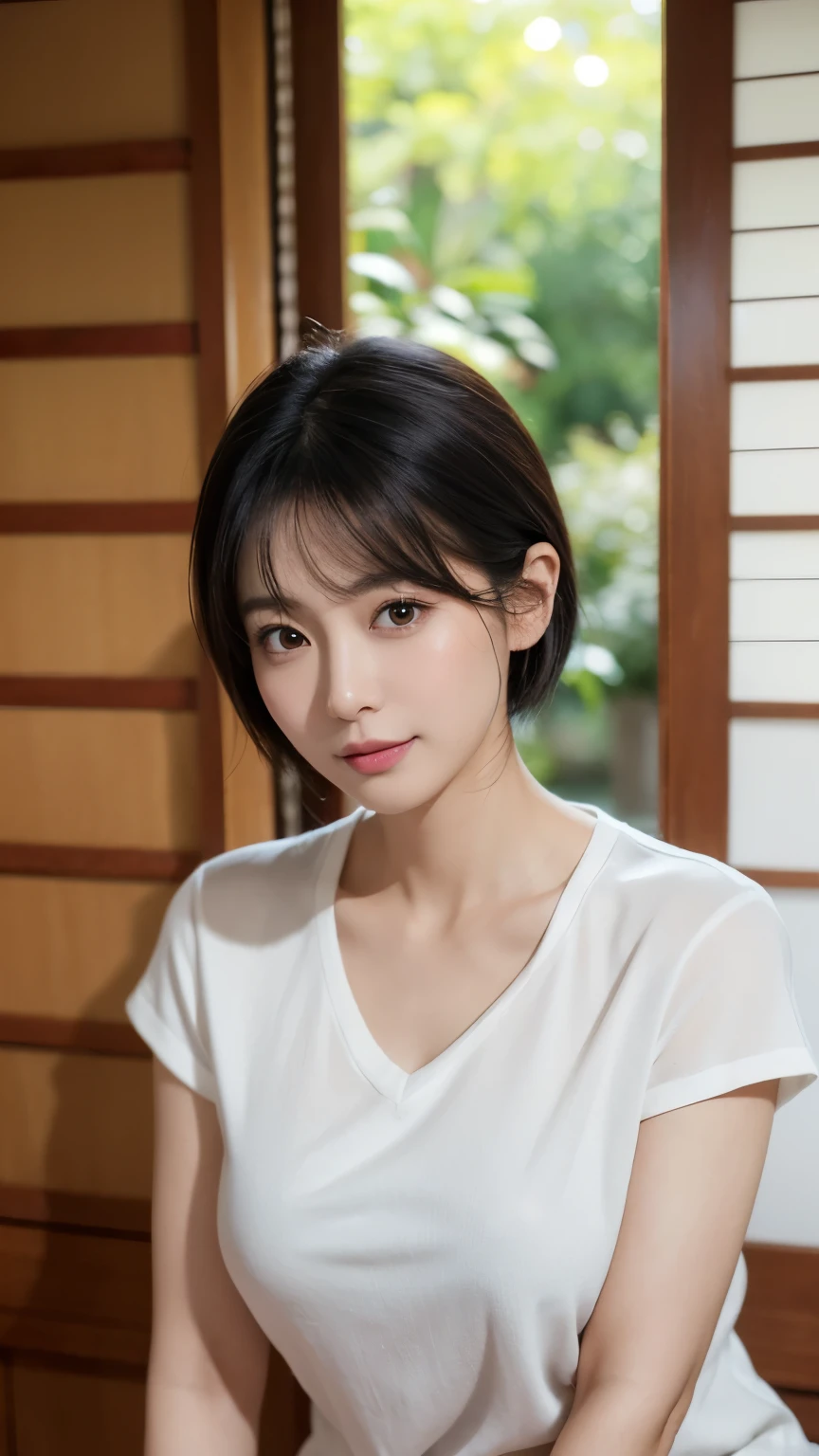 Portraiture、8k、high quality、Realistic Photographic Images、39 years old、Japanese women、Neat and clean wife、housewife、Natural and realistic eyes、Japan Person Stand、、Beautiful black hair、short hair、(Straight hair)、light makeup、Octane Rendering、Beautiful lighting、Golden ratio composition、Laughter、Casual wear、Casual clothing、Natural background、Blurred Background、4K、High resolution、Realistic Photographic Images、Japanese women、Age 37、Purely Japanese personality、Beautiful wife、Upper Body、Mid-breasted、light makeup、Sappin''、Pure beauty、Mature Woman、Casual clothing装、gray、beige、green、Casual clothing、smile、Black-haired、Small black eyes、Background Blur