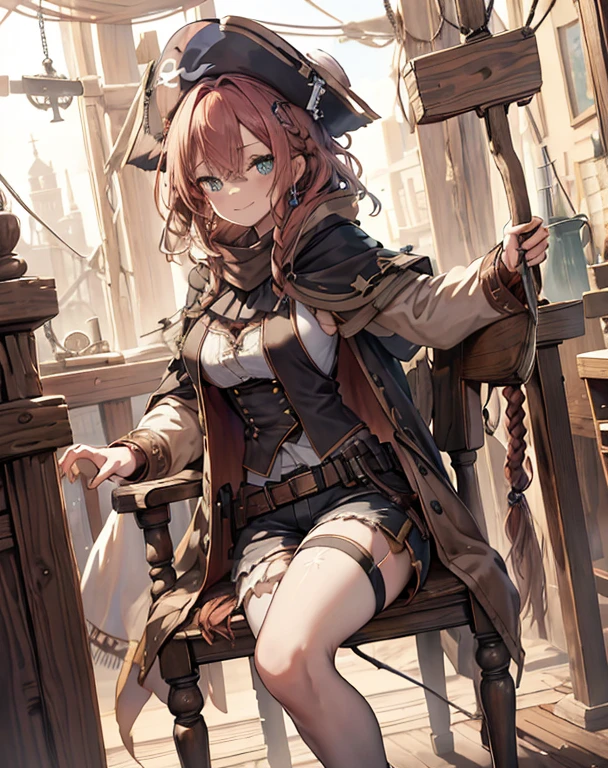 masterpiece, 1girl, sparrow, a red haired girl, wearing a white medieval pirates clothes, curly medium hair, messy hair, slim body, wearing brown capelet with hoody, he close her left eye, shirt ornament, aqua eyes, sho show her back, ahoge, black vest, baby face, big breast, beautiful breasts, rounded breasts, braid hair, pirates hat, long sleeves, beautiful eyes, white stocking, droopy eyes, shorts, her age is 19 years old, seductive smile, priest chair