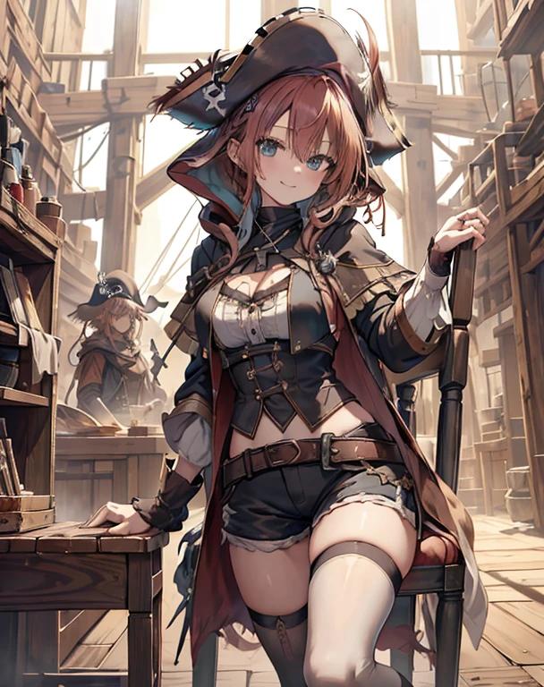 masterpiece, 1girl, sparrow, a red haired girl, wearing a white medieval pirates clothes, curly medium hair, messy hair, slim body, wearing brown capelet with hoody, he close her left eye, shirt ornament, aqua eyes, sho show her back, ahoge, black vest, baby , big breast, beautiful breasts, rounded breasts, braid hair, pirates hat, long sleeves, beautiful eyes, white stocking, droopy eyes, shorts, her age is 19 years old, seductive smile, priest chair