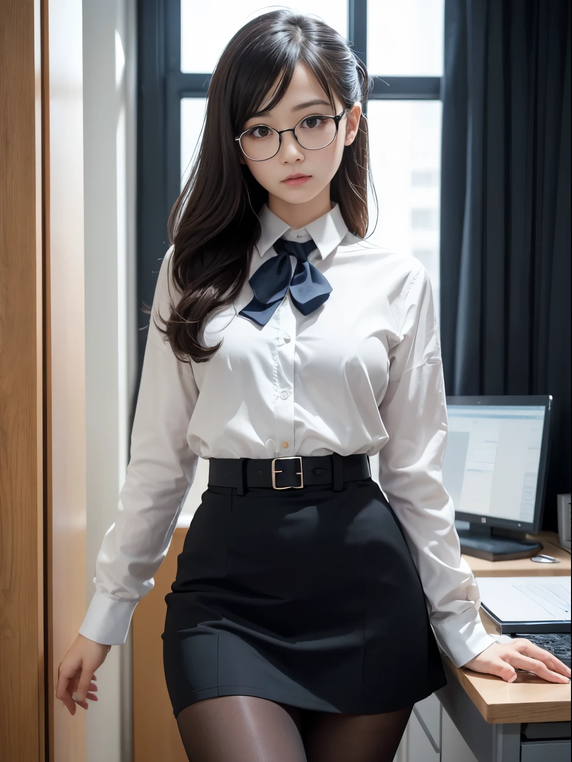 alone、solo、OL in her 20s in office uniform posing for a photo、(Black Pantyhose)、(Half Up),victory、Tsundere、Single knot、OL、suit、blue mini skirt、anger、small、Glasses、slim girl model photo、physical:the smallest middle-aged man in history、female model、Japanese female fashion model、(8k、RAW photo、highest quality、masterpiece:1.2)、(real、photorealistic:1.37)、Super detailed、Ultra high definition、office Street、 standing position、whole body、((((SEXY)))