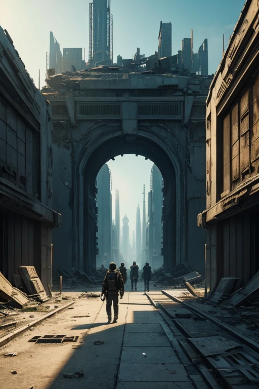 highest quality、A ruined futuristic city、Golden World、Surrealism