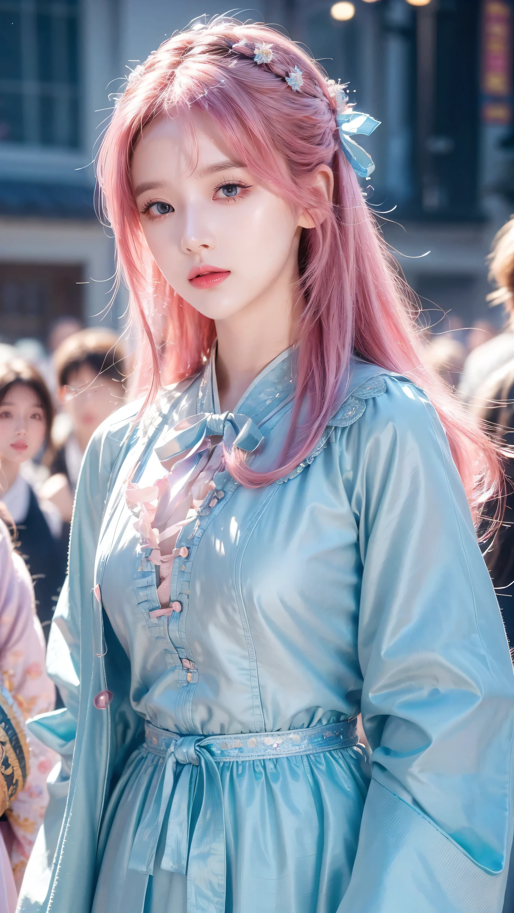 (finely detailed beautiful eyes and detailed face,masterpiece sidelighting,masterpiece,best quality,detailed,High resolution illustrations),, (1 Girl,whole body,beautiful girl,Glowing skin,look down,Looking at the audience),, (Pink Hair,blue eyes,ribbon,Hanbok, korean clothes), (wearing clothes_Lower Bust:1.2),Lower breasts,