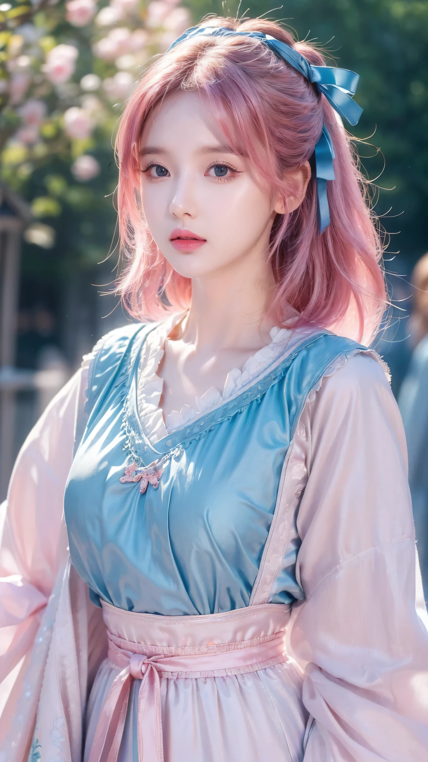 (finely detailed beautiful eyes and detailed face,masterpiece sidelighting,masterpiece,best quality,detailed,High resolution illustrations),, (1 Girl,whole body,beautiful girl,Glowing skin,look down,Looking at the audience),, (Pink Hair,blue eyes,ribbon,Hanbok, korean clothes), (wearing clothes_Lower Bust:1.2),Lower breasts,