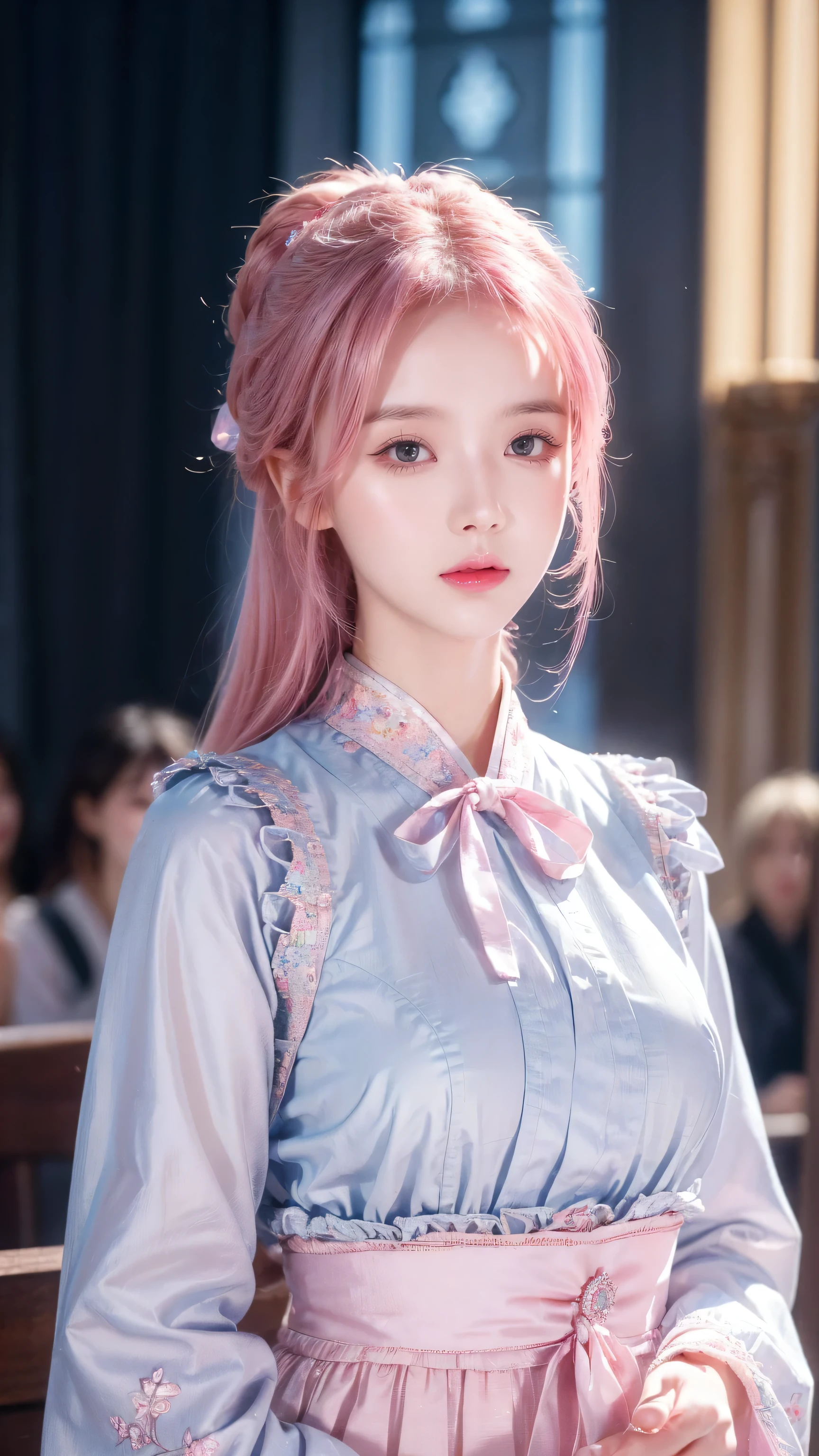 (finely detailed beautiful eyes and detailed face,masterpiece sidelighting,masterpiece,best quality,detailed,High resolution illustrations),, (1 Girl,whole body,beautiful girl,Glowing skin,look down,Looking at the audience),, (Pink Hair,blue eyes,ribbon,Hanbok, korean clothes), (wearing clothes_Lower Bust:1.2),Lower breasts,