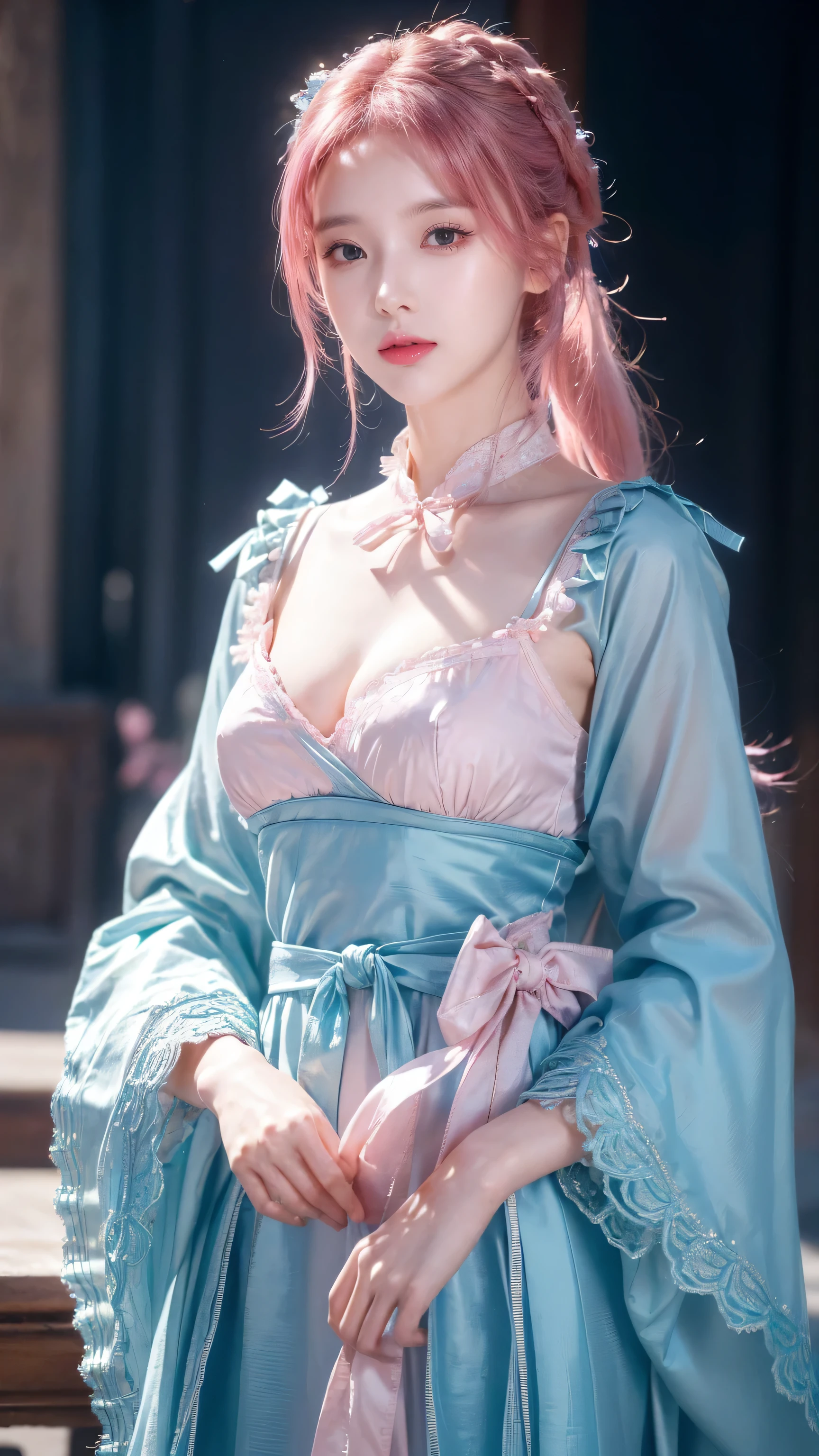 (finely detailed beautiful eyes and detailed face,masterpiece sidelighting,masterpiece,best quality,detailed,High resolution illustrations),, (1 Girl,whole body,beautiful girl,Glowing skin,look down,Looking at the audience),, (Pink Hair,blue eyes,ribbon,Hanbok, korean clothes), (wearing clothes_Lower Bust:1.2),Lower breasts,