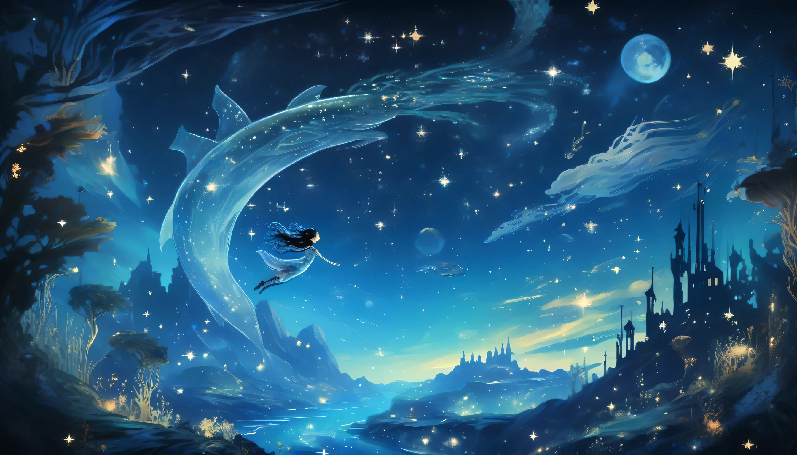 (One girl:1.3),Aria_fairy tale,Fantastic World,Underwater starry sky,