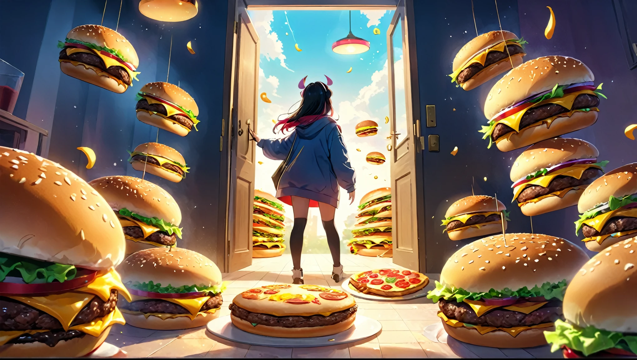 Burgers from the door。When I open the door to my house, a huge amount of hamburgers spills out。Inside a modern fantasy home with warm colorale、Over 1000 burgers and pizzas、Fast food、Concept art for a delicious fairy tale。