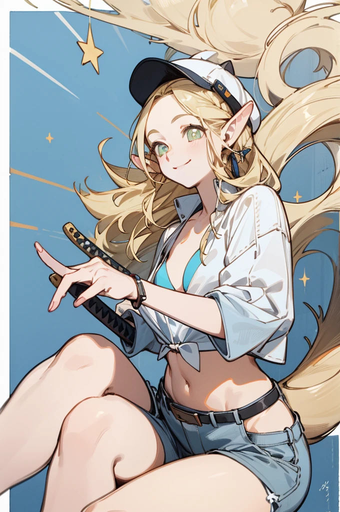 Wear a bikini、Wearing a hat and a sword, Put on your headphones,(masterpiece, best quality) detailed,silver accessories , Blonde ,elegant, Pointed ears ,White shirt,shorts,Double tail,Waist-length hair,Smile,star decoration,