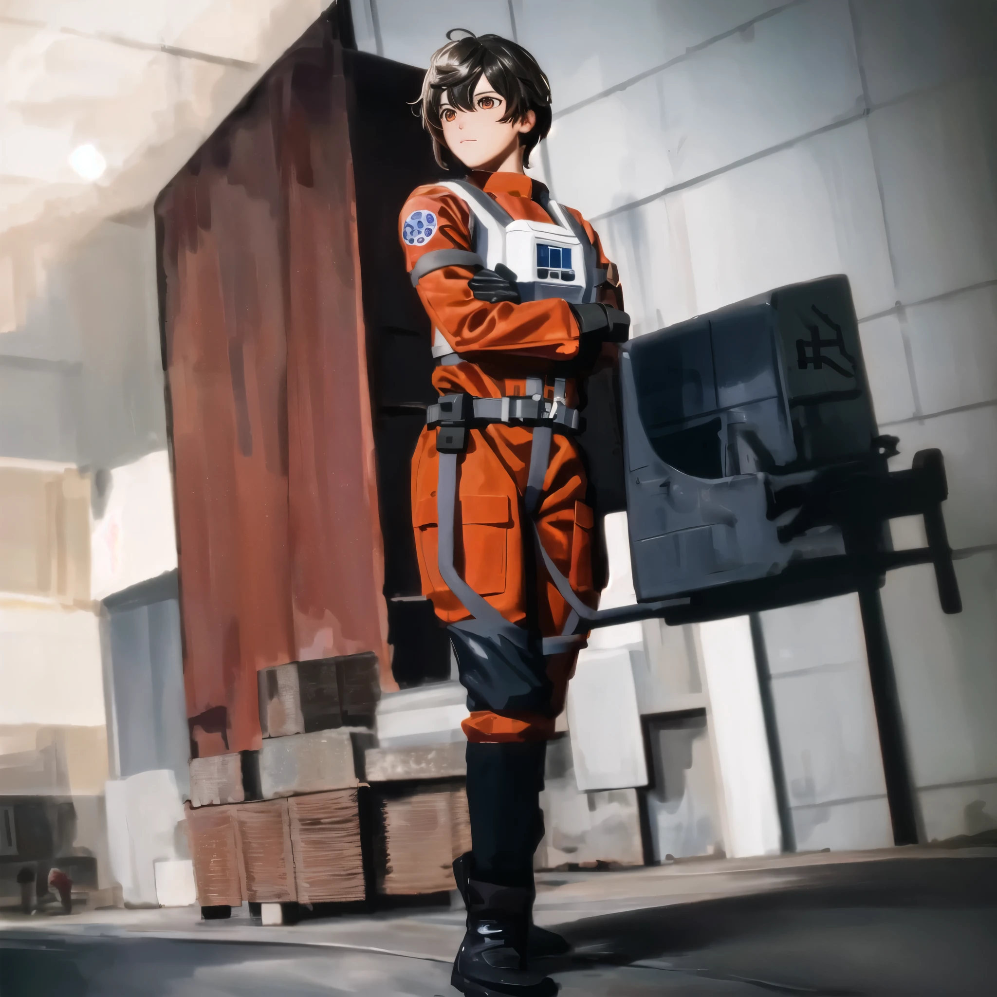 character \(series\) with rebel pilot suit in air force hangar.,(cabello largo negro con orejas de gato), (ojos rojos), foto cruda, 8k hd, DSLR, Soft lighting, alta calidad,(espacio, galaxia)