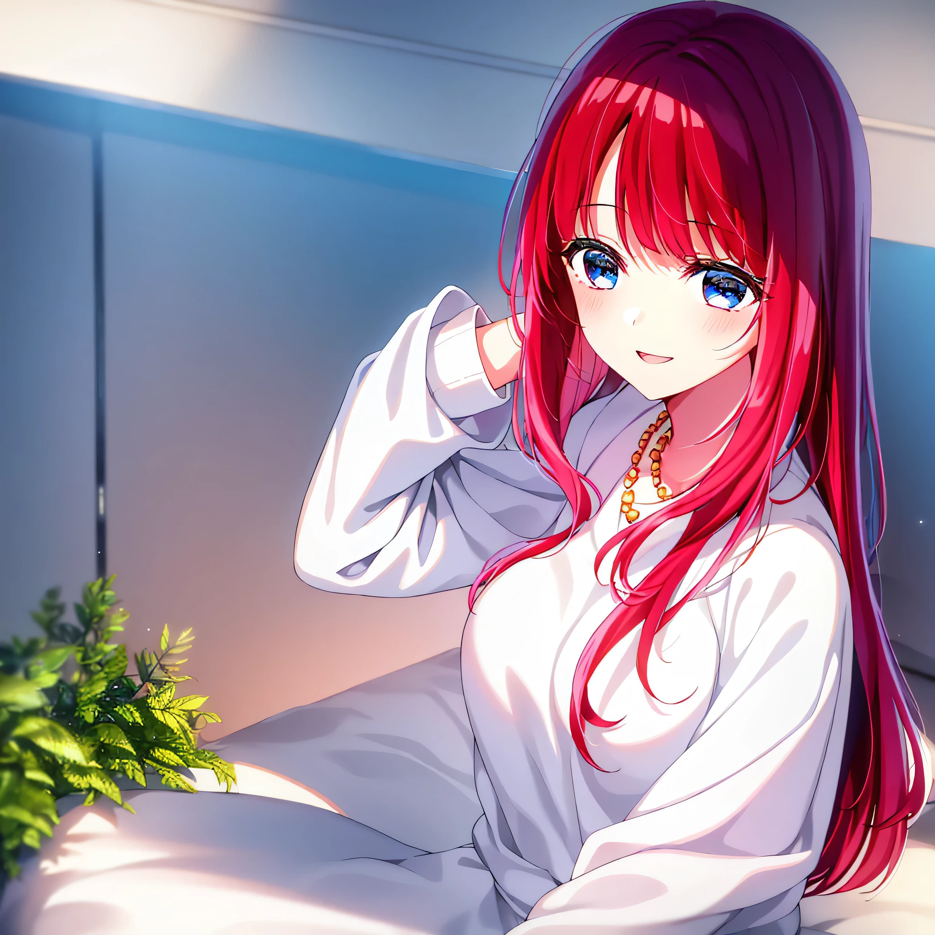detailed， dense， masterpiece， A girl， Beautiful ???????????， Wearing a white cardigan， permanent，Standing by the bed，With blanket，  red hair， 16 years old， Light and smooth skin， Light skin， Shiny Hair， Clear eyes， Light's eyes，blue eyes， Light pink lips， （Audience looking down： 0. 8） Smile， Cheeks dyed red， Very shy， open mouth， By Bangs， White sleeves， White coat， A girl， soft skin，Large cleavage， Light skin， Light， Rich Light， room Lighting， Simple gold necklace， Diamond necklace， white lace bra， White lace， white lace ?????????， High Angle， Low Angle， （masterpiece： 1.0）， （Practical： 1.6）， （Soft Focus： 1.5），black，