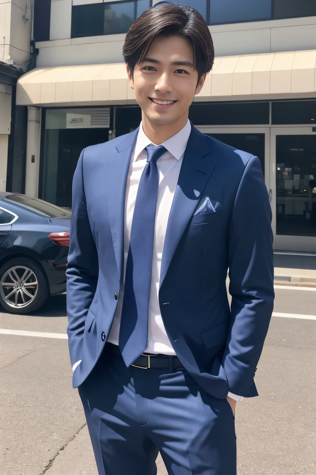 (highest quality、Best image quality、超A high resolution)、Japanese、Handsome man、30 years old、Happy young Japanese businessman president、Very attractive businessman, Elegant costumes and halls々Stand with arms folded and a smile、masterpiece、Photo realistic、The background is blurred、Big smile、Latest stylish suits 、Medium Hair、Super cool、Twink、Soft skin and a nice perfect face、8k、Surreal、