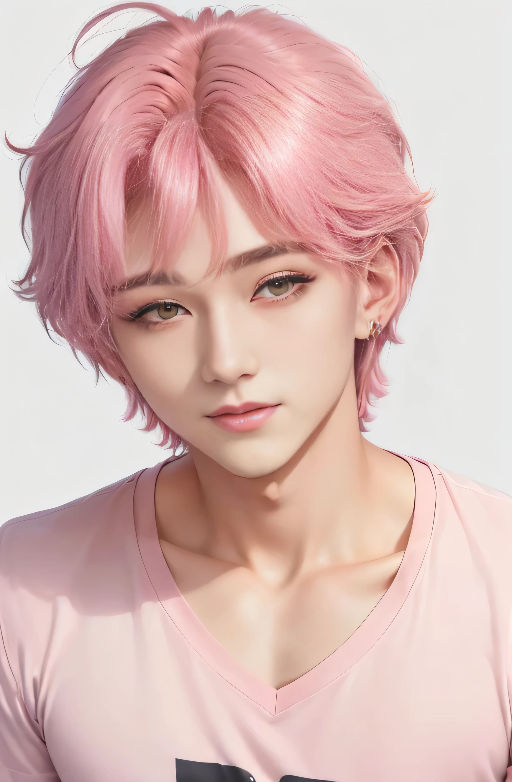 (((Close-up image of only the face of young single very handsome 19 year old man, o homem mais bonito do mundo!!))) ((hair is short hot pink))), ((His skin is very white like that of a vampire)), ((olhos grandes e cor rosa como os de um personagem de anime)), ((corpo delgado, altura de 1.82 metros de altura, estilo anime)), (((astro de k-pop, inspirado em Jeon Jeongguk da banda BTS, inspirado em Yoon Sanha do grupo de Kpop Astro!!))),((Ele tem um largo sorriso fofo e expressivo))), (((Close apenas do rosto))), (((vestindo uma camisa rosa com imagens de ursinhos)))