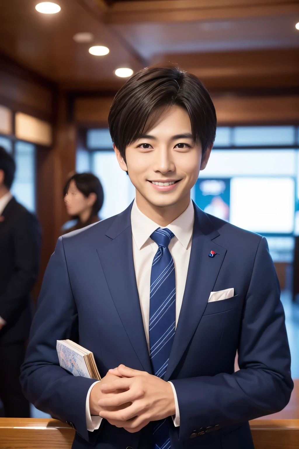 (highest quality、Best image quality、超A high resolution)、Japanese、Handsome man、30 years old、Happy young Japanese businessman president、Very attractive businessman, Elegant costumes and halls々Stand with arms folded and a smile、masterpiece、Photo realistic、The background is blurred、Big smile、Latest stylish suits 、Medium Hair、Super cool、Twink、Soft skin and a nice perfect face、8k、Surreal、