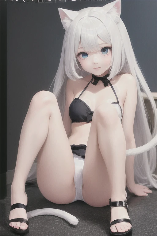 Anime girl with white hair and blue eyes, White cat lady, Gweitz, Very Beautiful Anime Cat Girl, artwork in the style of Gweitz, Gweitz on pixiv artstation, Gweitz on artstation pixiv, Beautiful anime cat girl, Trending on cgstation, anime wallpaper 4k, anime wallpaper 4k,Swimwear,Knee Up