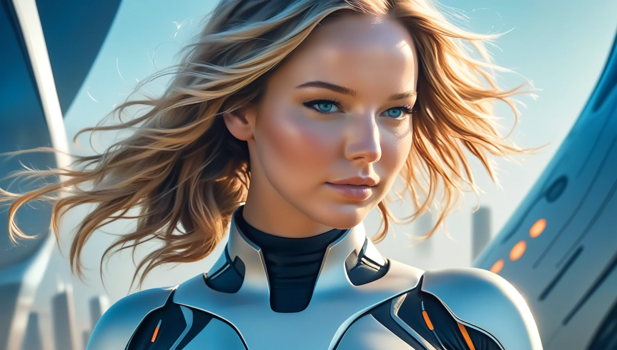 a closeup of a woman in a futuristic suit with science fiction, tipo germen 4 k, lindosexyrobutts, hermosa obra de arte digital, extremely detailed tipo germen, tipo germen. Alto detalle, Jennifer Lawrence film, wojtek fus, amazing wallpaper, tipo germen detailed, tipo germen style, graphic artist tipo germen