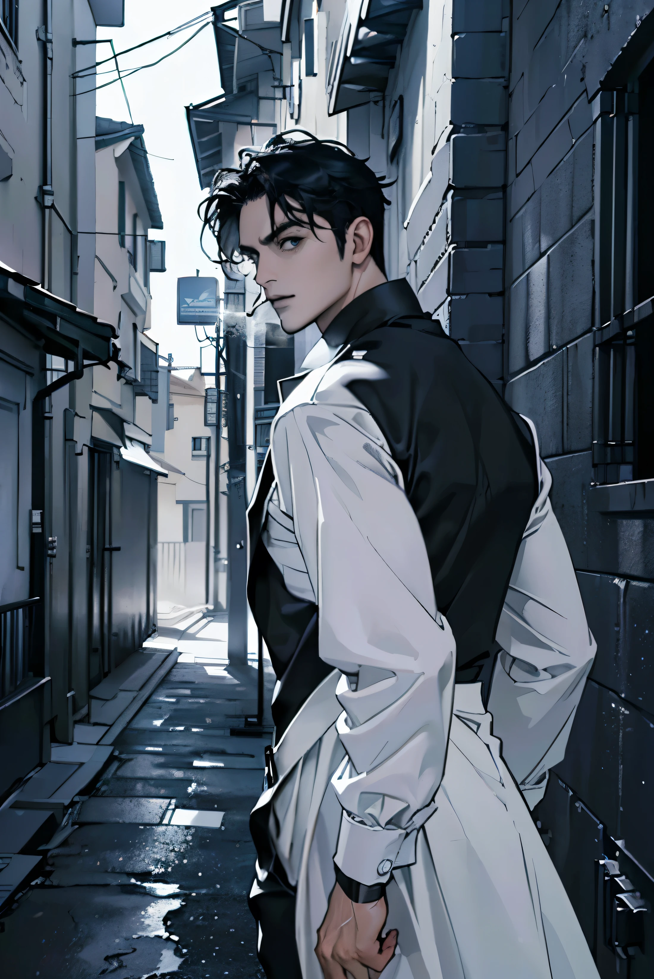 (best quality detailed image beautiful image 8K photorealistic) (digital art digital illustration) (cold colors dark lighting) kpop idol 29 year old man very handsome black hair black clothes black eyes (piercing gaze cold expression perfect face perfect lines), dynamic pose, smoking a cigarette, head tilt, standing in a back alley