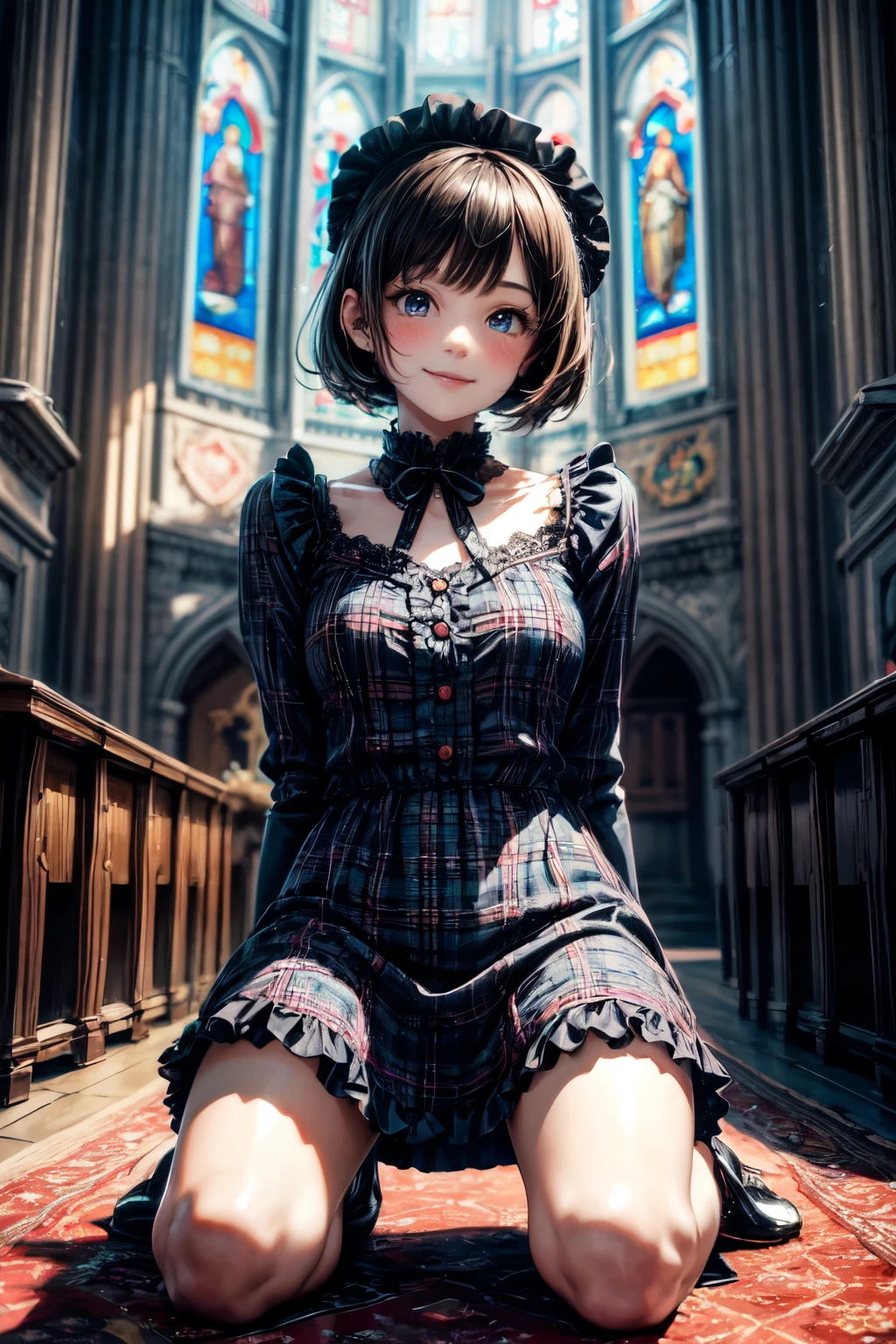 very cute and beautiful girl,(highly detailed beautiful face),(smile:1.2),blush,black hair,looking at viewer, (elegant brown plaid lolita dress with detailed frills),detailed lace, kneeling,arms behind back,altar,church,indoors, (best quality,masterpiece),absurdres,highres,ultra-detailed,extremely detailed,32k,8k resolution, intricate details,cinematic scene,detailed background,solo,dynamic angle,