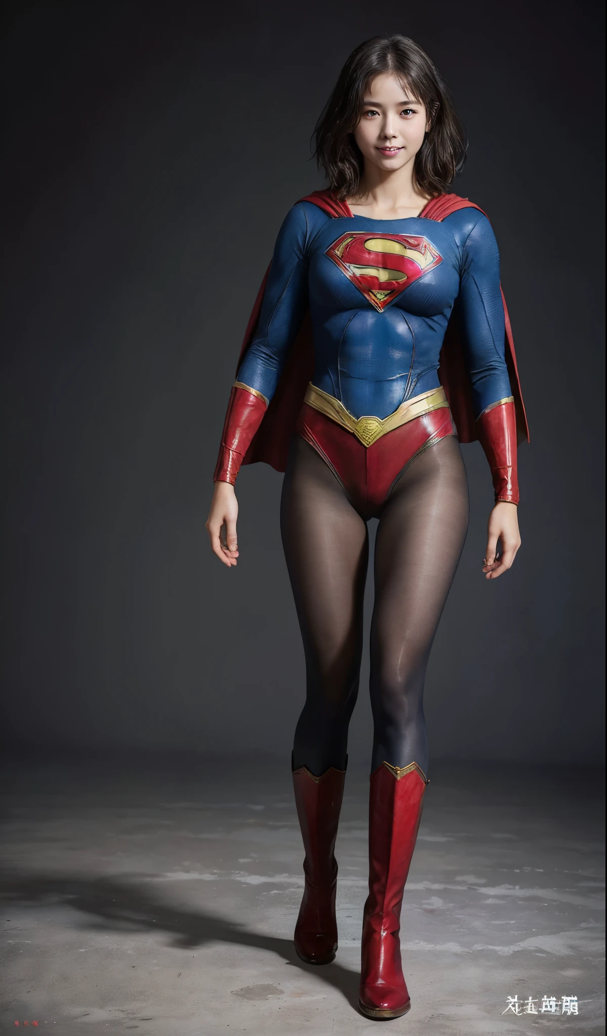 No background、(((Beautiful legs in black tights.)))、(((Legally express the beauty of your smile)))、((((Make the most of your original images)))、(((Supergirl Costume)))、(((Beautiful short bob hair)))、(((suffering)))、(((Please wear black tights....、Wear red boots)))、((Best image quality、8k))、((highest quality、8k、masterpiece:1.3))、(((Preserve background )))、Sharp focus:1.2、Beautiful woman with perfect figure:1.4、Slim Abs:1.2、Wet body:1.5、Highly detailed face and skin texture、8k