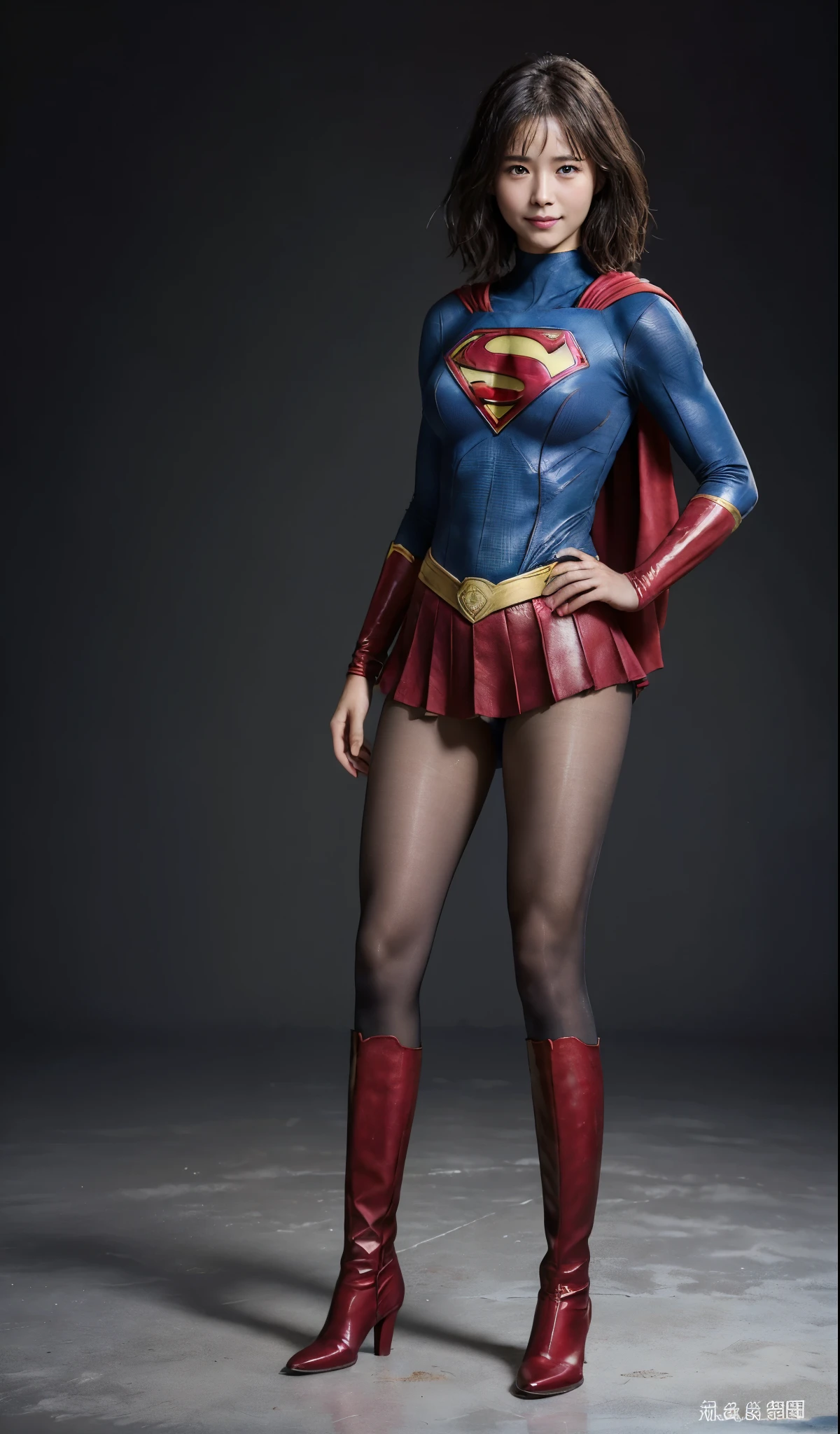 No background、(((Beautiful legs in black tights.)))、(((Legally express the beauty of your smile)))、((((Make the most of your original images)))、(((Supergirl Costume)))、(((Beautiful short bob hair)))、(((suffering)))、(((Please wear black tights....、Wear red boots)))、((Best image quality、8k))、((highest quality、8k、masterpiece:1.3))、(((Preserve background )))、Sharp focus:1.2、Beautiful woman with perfect figure:1.4、Slim Abs:1.2、Wet body:1.5、Highly detailed face and skin texture、8k