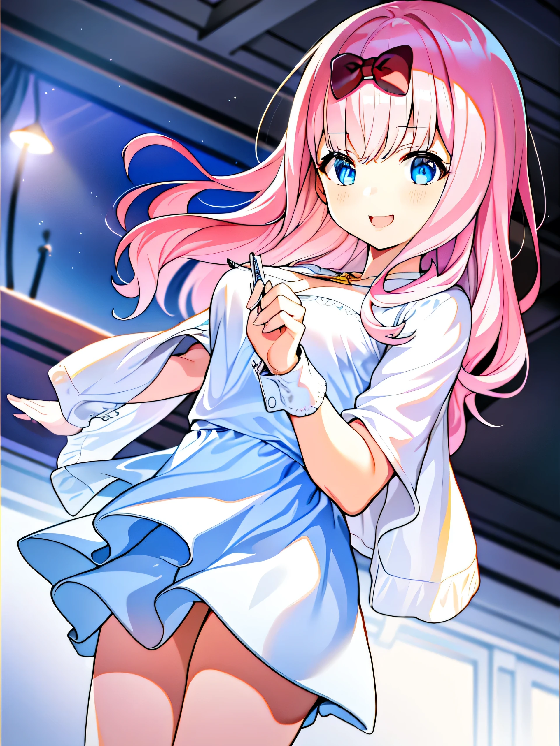 detailed， dense， masterpiece， A girl， Beautiful big breasts， Wearing a white cardigan， permanent，Standing by the bed，With blanket，  Pink hair， ************， Light and smooth skin， Light skin， Shiny Hair， Clear eyes， Light&#39;s eyes，blue eyes， Light pink lips， （Audience looking down： 0. 8） Smile， Cheeks dyed red， Very shy， open mouth， By Bangs， White sleeves， White coat， A girl， soft skin，Large cleavage， Light skin， Light， Rich Light， room Lighting， Simple gold necklace， Diamond necklace， white lace bra， White lace， white lace underwear， High Angle， Low Angle， （masterpiece： 1.0）， （Practical： 1.6）， （Soft Focus： 1.5），black，