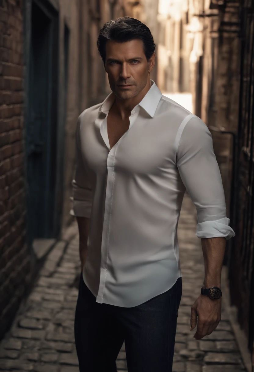 [Better Quality] + [Very detailed] Forty year old male, Britannico, Black Hair, Dangerous air, Gray Blue Eyes, A soft face and a striking expression, Skin whitens、Slender, Tall body, Leaning against a dark alleyway, Very clean and nice atmosphere