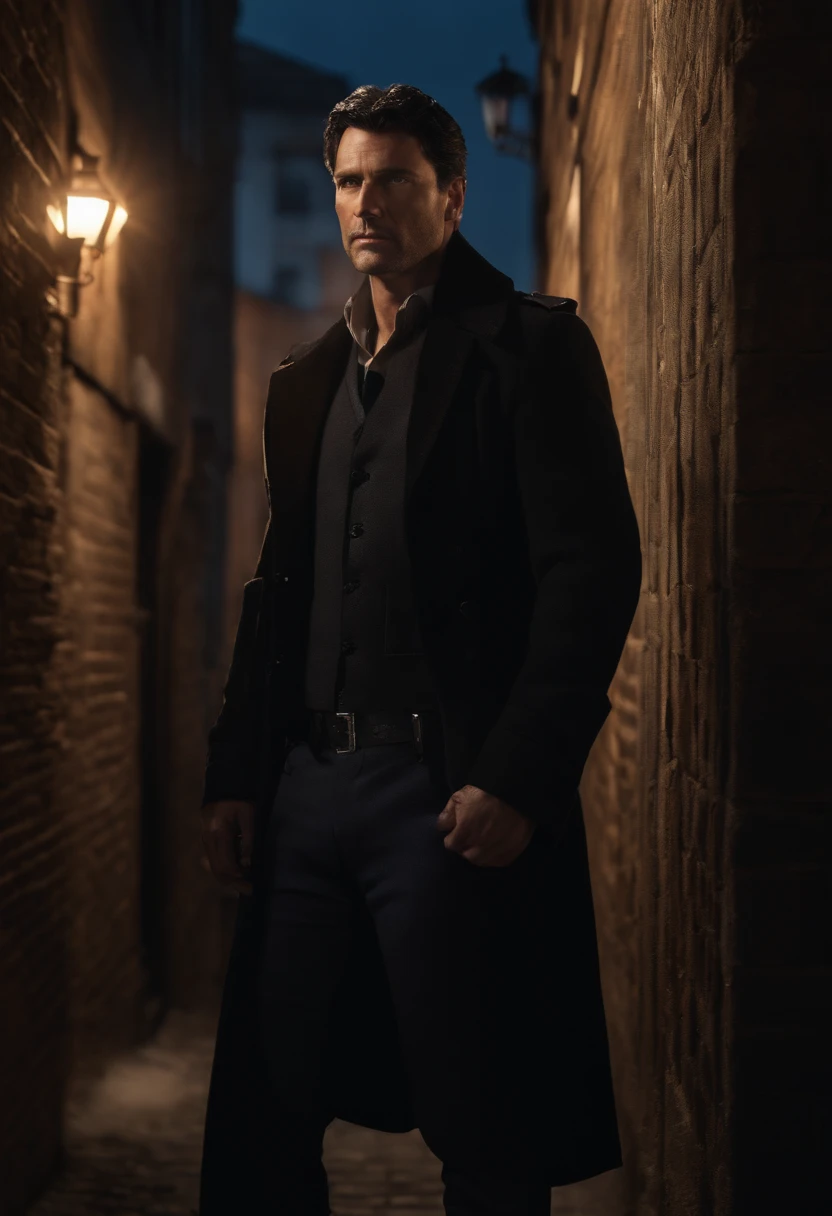 [Better Quality] + [Very detailed] Forty year old male, Britannico, Black Hair, Dangerous air, Gray Blue Eyes, A soft face and a striking expression, Skin whitens、Slender, Tall body, Leaning against a dark alleyway, Very clean and nice atmosphere