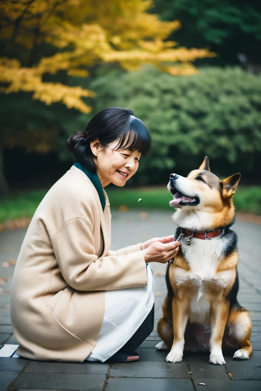 There is a woman sitting on the ground with her dog., Portrait of Li Mei-shu, Unsplash, realism, Heartwarming, Older Woman, an Elderly, sound, Very beautiful, sentimental, Elderly, Portrait Shot, Very expressive, shiba inu, shibu inu, Very detailed, shiba inu dog, High-quality portraits